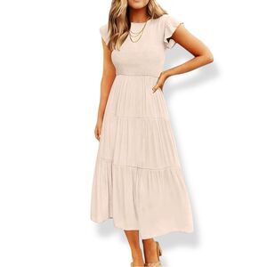 Apricot Cottagecore Smocked Tiered Midi Dress Short Sleeve Peachy Tan Medium NWT